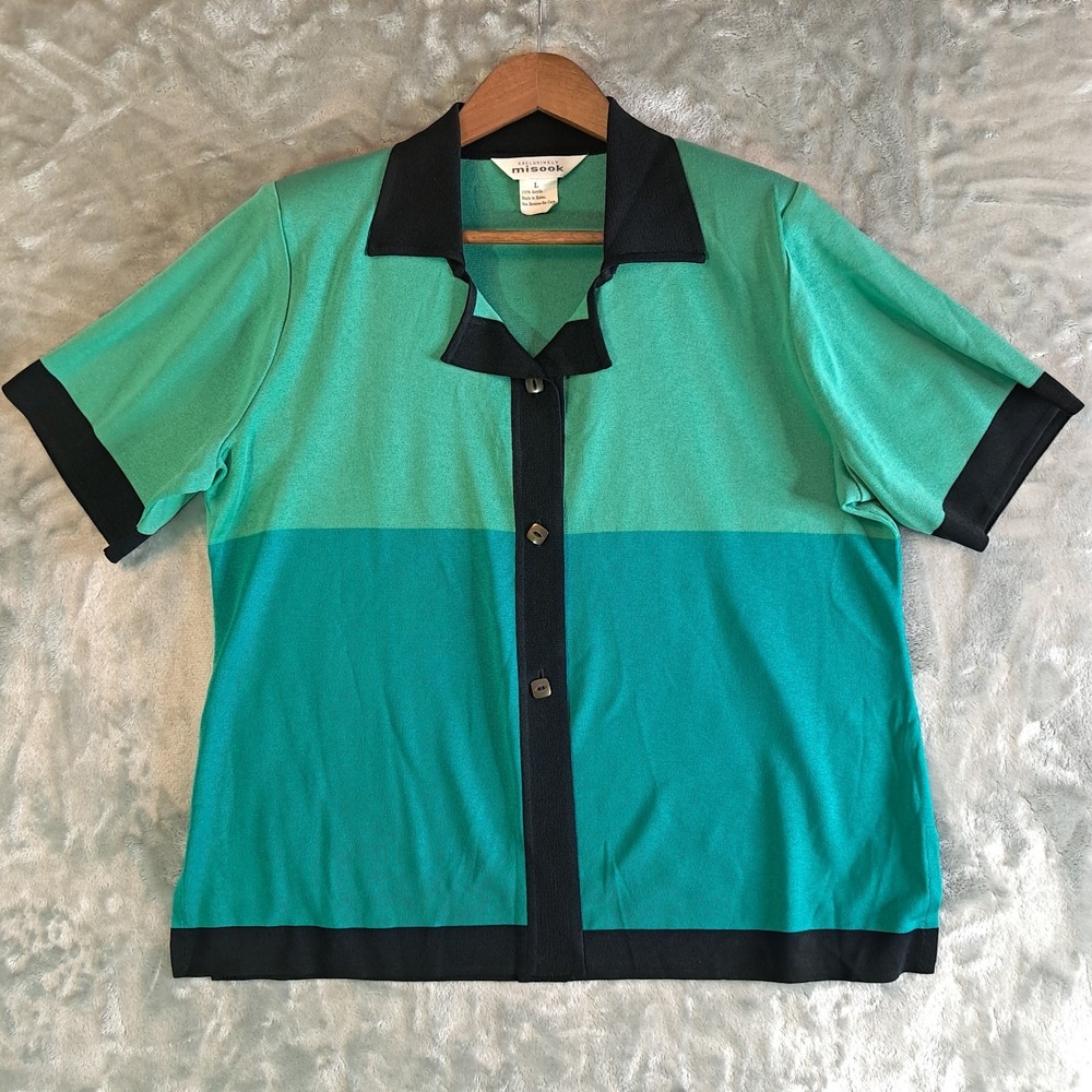 Exclusively Misook Womens L Short Sleeve Knit Button Front Cardigan Top Green